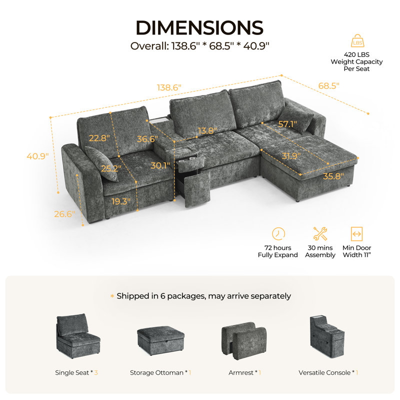 Canapé modulaire surdimensionné en L en chenille surdimensionné à 4 places avec console polyvalente, table d'appoint convertible avec porte-gobelet de rangement