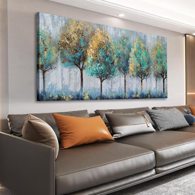 Abstract Forest Canvas Wall Art - Teal Yellow Trees Pictures Grey Blue Earthy Wall Decor Modern Botanical Painting Print Artwork For Living Room Bedroom Home Office Decor 20" X 40"