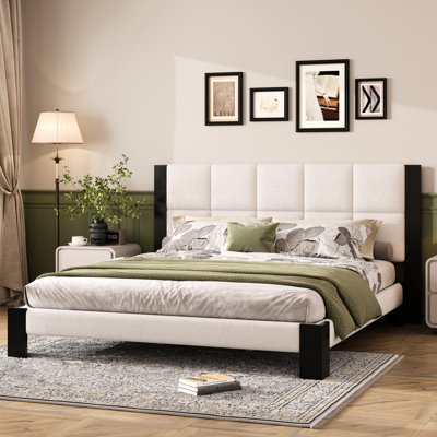 Beige + Black King Boucle Upholstered Bed, Square - Stitched Headboard, Construction, Box Spring , 8 12 Inch Mattress, Bedroom Peaceful Space Bed Frame, With Black, Silent Slats, No Spring, Ambiance