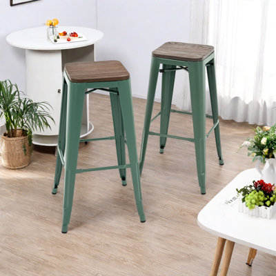 Ensemble de 2 tabourets de bar en métal 30 po avec siège carré en bois d'orme massif, tabourets de bar industriels empilables sans dossier, ensemble de 2 tabourets de comptoir