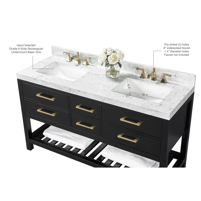 Elizabeth 60'' W Double Vanity, Black Onyx/Brushed Gold, Carrara White Marble