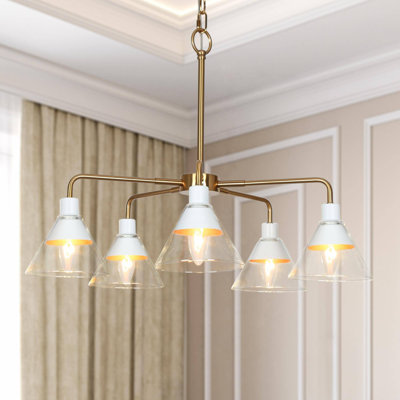 Loremarie 5-Light Matte White and Gold Wagon Wheel Chandelier with Clear Glass Shades, Dimmable