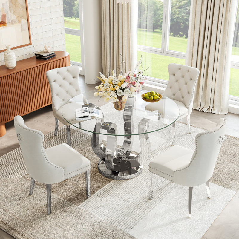 Modern 47" Round Glass Dining Table Set, 0.39" Tempered Glass Top, Polished Floral Stainless Steel Base, Velvet Chairs With Tufted Back & Nailhead Trim