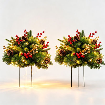 2Pcs Christmas Artificial Floral Pick Decoration, 24inch Light‑Up Pine Cone Red Berry Stake for Xmas Garden Patio Decor, Battery Operated (Batteries Not Included)