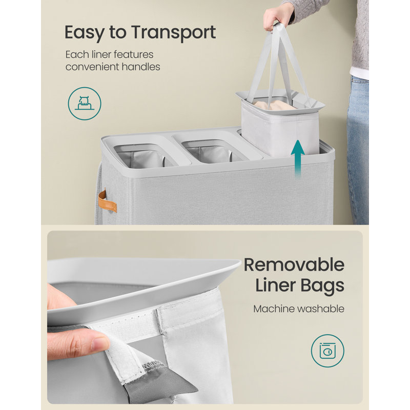 Large Laundry Hamper, 3-Compartment Basket With Removable Liners, Easy Assembly Basket For Bedroom, Handles, Dove Grey
