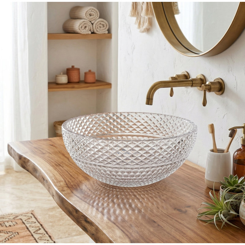 Lavabo de salle de bain vasque ronde en verre trempé 16 po Jewel, Transparent