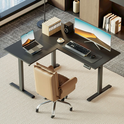 55 Inch L Shaped Standing Desk, Electric Height Adjustable Home Office Desk, Large Ergonomic Computer Desk with 3 Memory Buttons, Cable Management, Corner Desk for Home & Office Workstations, Black