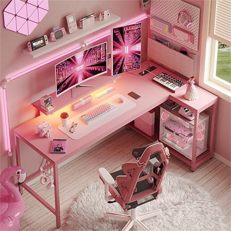 Nedyo 52'' W L-Shaped Computer Desk with Power Outlet, LED Gaming Work Desk with Shelves, Pink, 36" H x 58" W x 31.5" D