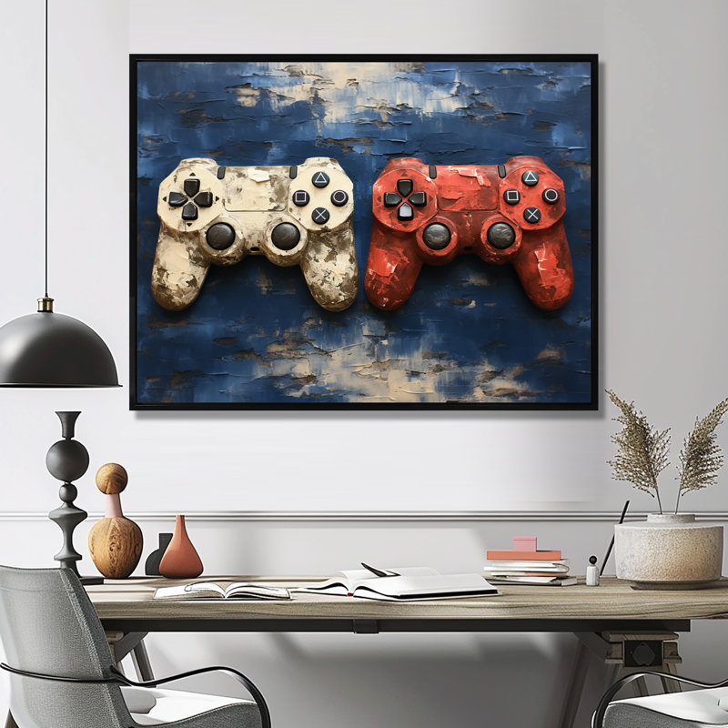 White and Red Ps Video Game Controllers - Art mural de jeux vidéo, H 16 po x l 32 po x P 1 po, Cadre flottant noir