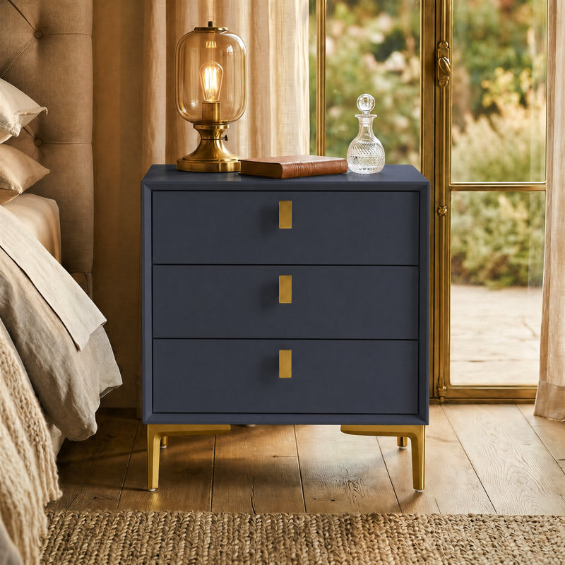 3-Drawer Modern Nightstand With Metal Legs, Navy