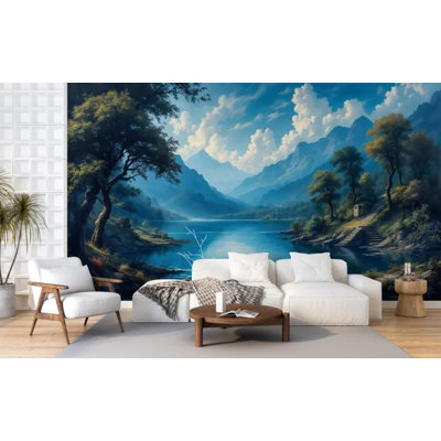 Blue Mountain Lake Fjord Dramatic Sky Classic Oil Painting Wall Mural – Scenic Nature Panoramic Art Decor