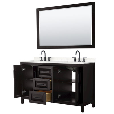 Meuble-lavabo double 60 po Daria en espresso foncé, comptoir en marbre de culture de Carrare, lavabos carrés encastrés (3 trous), garniture noir mat, miroir 58 po