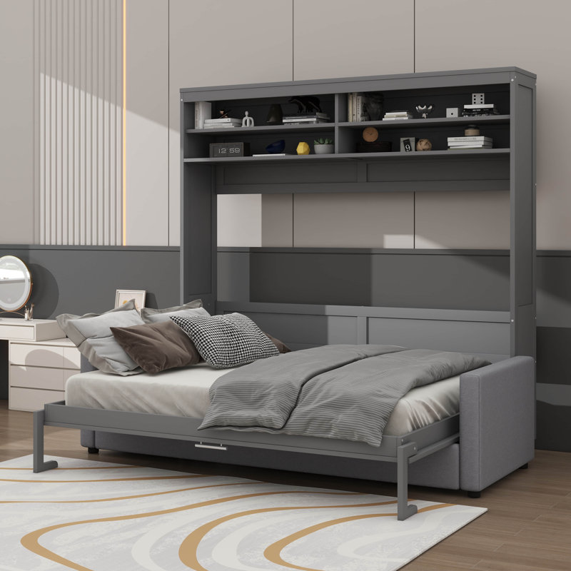 Grand lit escamotable mural avec canapé et tablettes, gris