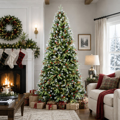 5ft Pre-Lit Artificial Snow-Dusted Christmas Tree, 1131 Tips, 250 Warm White LED Lights, Red Berries & Pine Cones, PE+PVC Hinged Branches