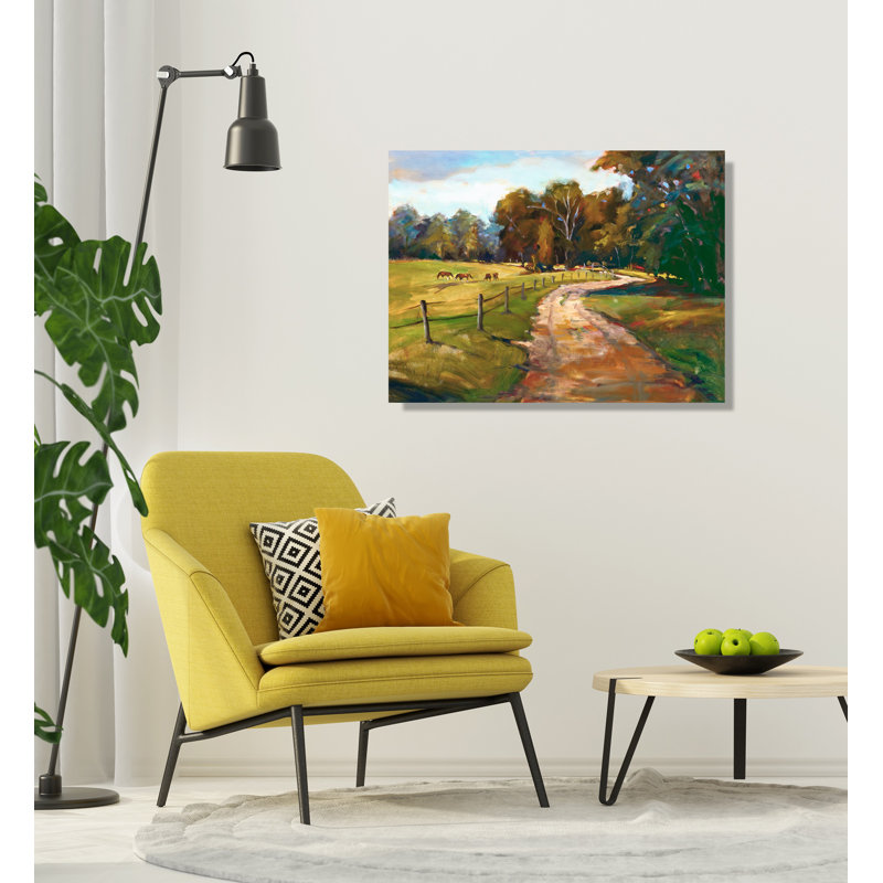 John Beard Collection''s Country Path With Horses On Giclee Canvas Hand Embellished Art, Brown Framed Canvas
