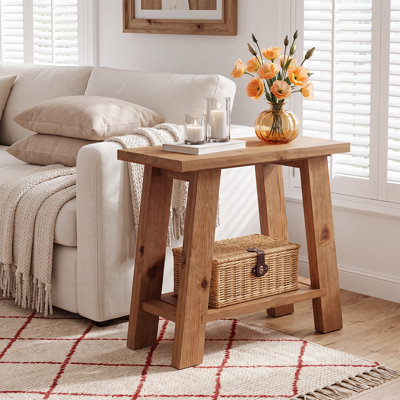 Table de bout en bois massif rustique de 23,62 po avec tablette de rangement, table d'appoint étroite pour canapé, salon