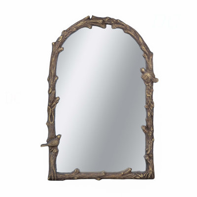 24X1.5X34" Arched Magnesian Wall Mirror With Gold Botanical And Bird Motifs