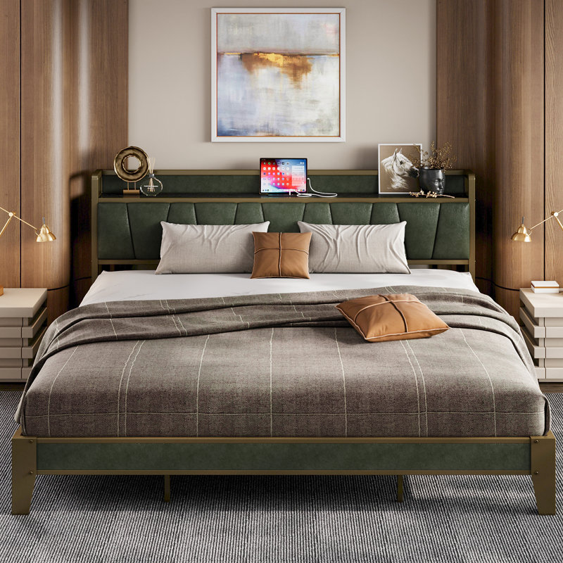 Dark Green Upholstered Platform Bed With Storage Headboard & Charging Station, King