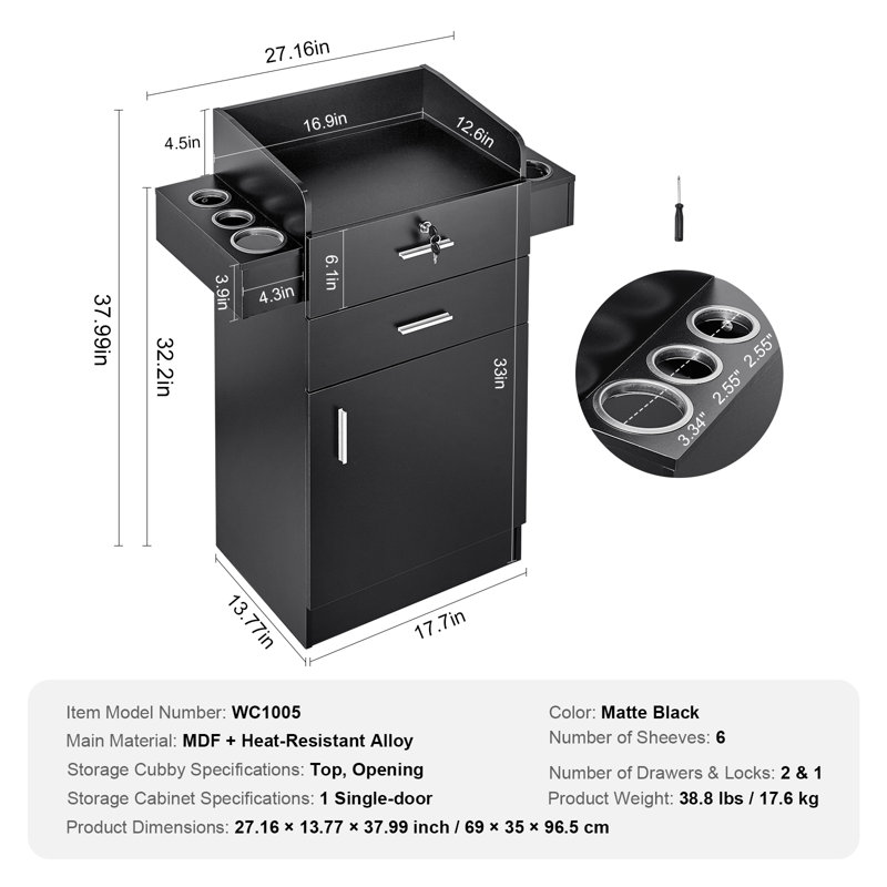 Black MDF Hair Tool Holder Salon Organizer with Lockable Drawers