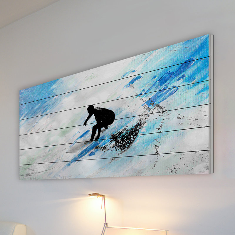«White Surf Riding», reproduction d'art sur bois blanc, H 20 po x l 40 po x P 1,5 po