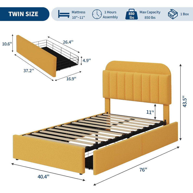 Twin Bed Frame with Storage Headboard and 2 Drawers Kids Upholstered Platform Bed with Bookcase Sturdy Wooden Slats Support No Box Spring Needed Noise Free