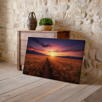Toile, "Un paysage tranquille au coucher du soleil", art mural sur un chemin de terre sinueux