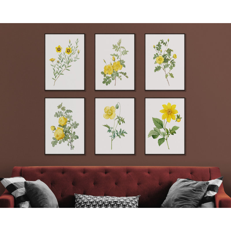 Rose jaune rétro - ensemble de 6 reproductions sans cadre, H 10 po x l 8 po x P 0,05 po