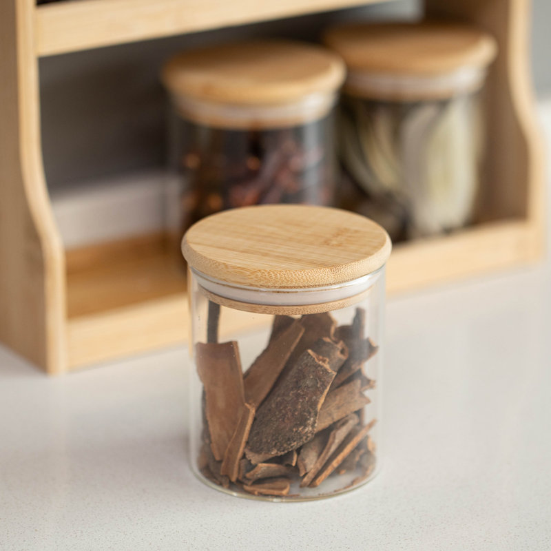 Versatile 2-tier Bamboo Spice Rack And Pantry Organizer With 7 Glass Jars - Perfect For Countertop Storage In Kitchens To Keep Seasoning Containers Neatly Displayed And Easily Accessible
