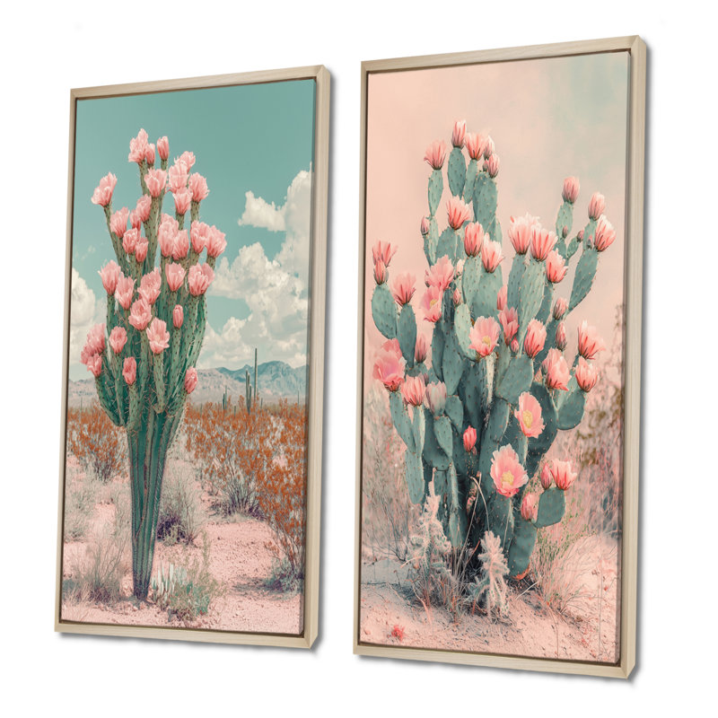 Pastel cactus en fleurs dans le désert III - art mural floral 2 panneaux, Cadre crème crème, H 32 po x l 33 po