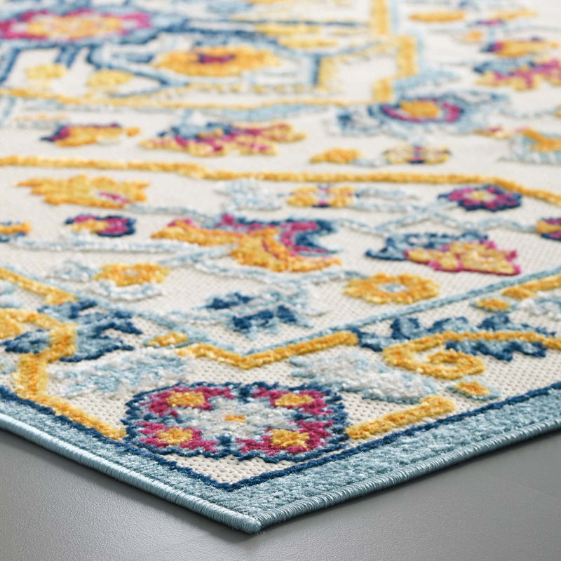 Blue Floral Synthetic Rectangular Stain-Resistant Area Rug