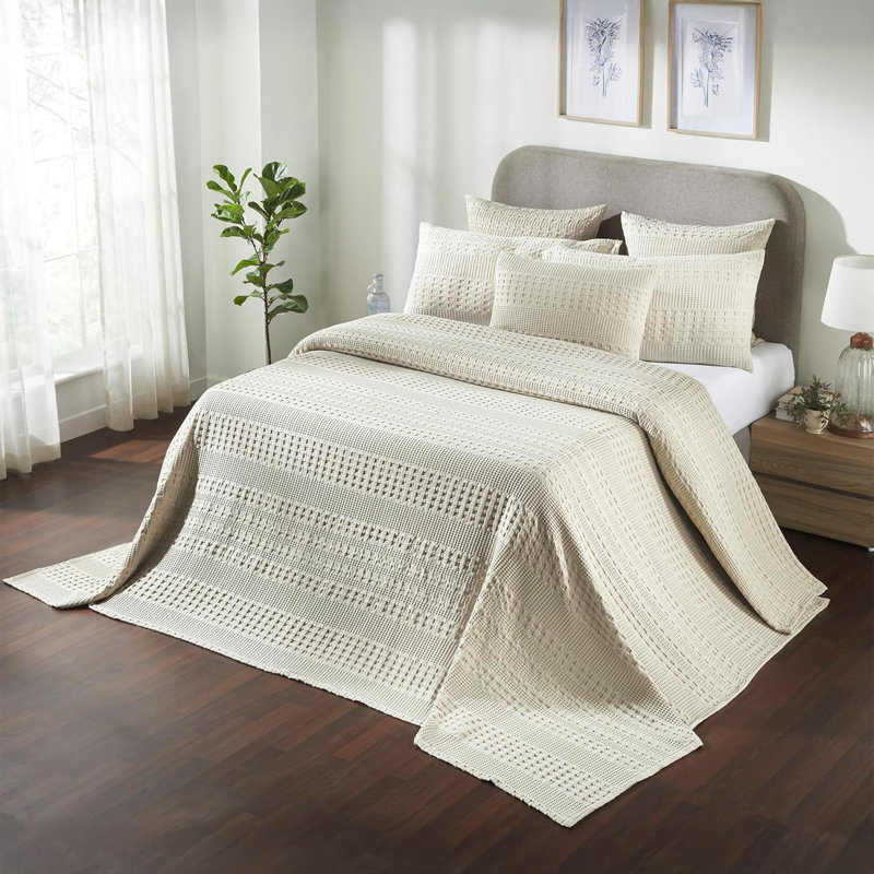 Couverture 100% coton naturel gaufré naturel, Crème, Très grand lit