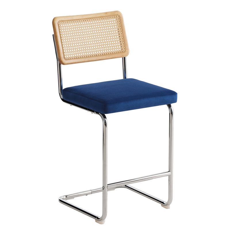 PU Leather Bar Stools With Woven Rattan Back And Metal Legs 1-Pack, Navy Seat/Silver Frame