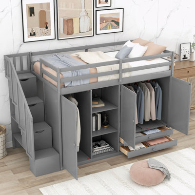 Storage Bed with 3 Shelves, 2 Wardrobes and 2 Drawers