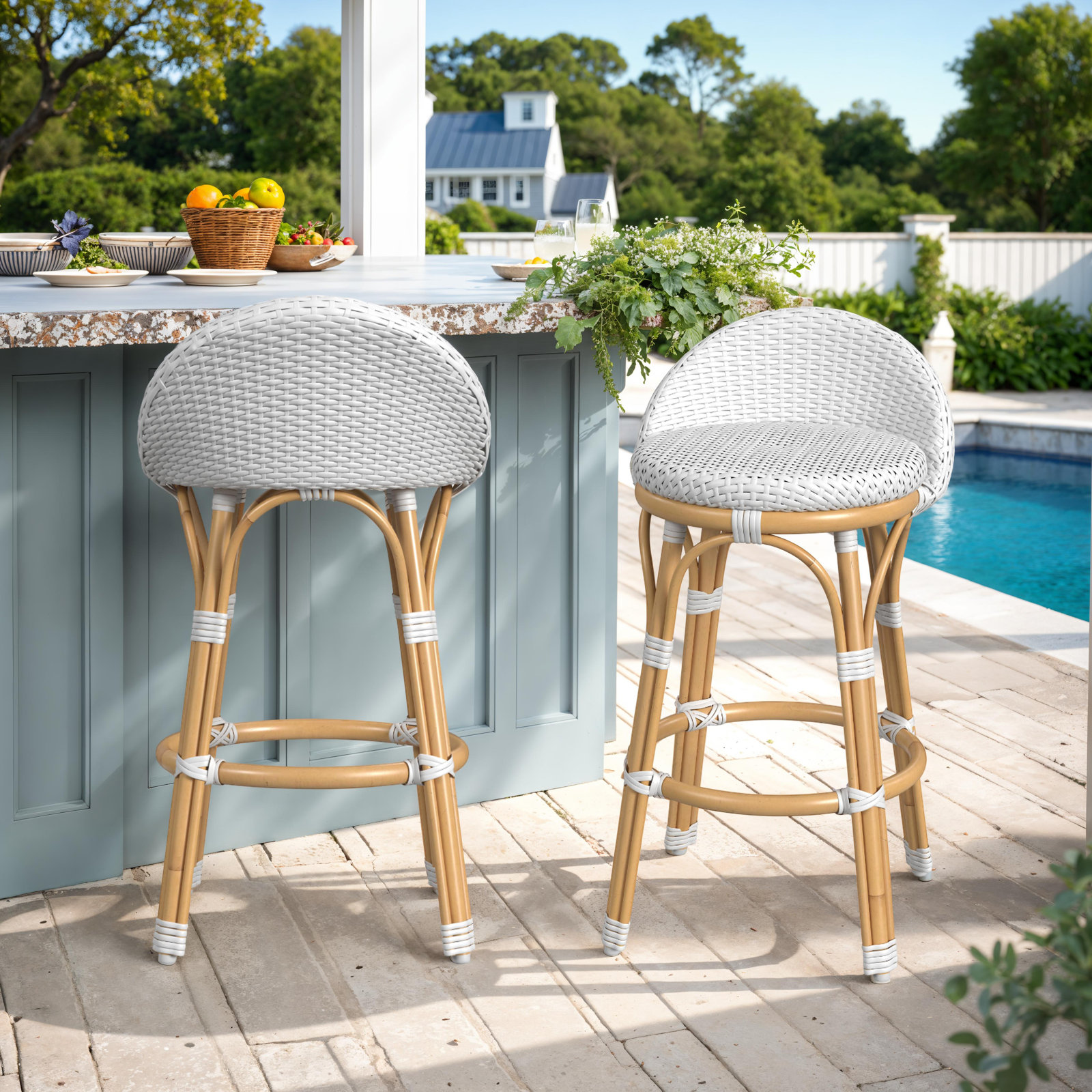 Ellie Woven Patio Bar Stool, White/Blue
