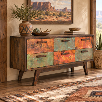 Red Rock Valley 6-Drawer Dresser with Hammered Aged Copper & Verdigris Copper Fronts