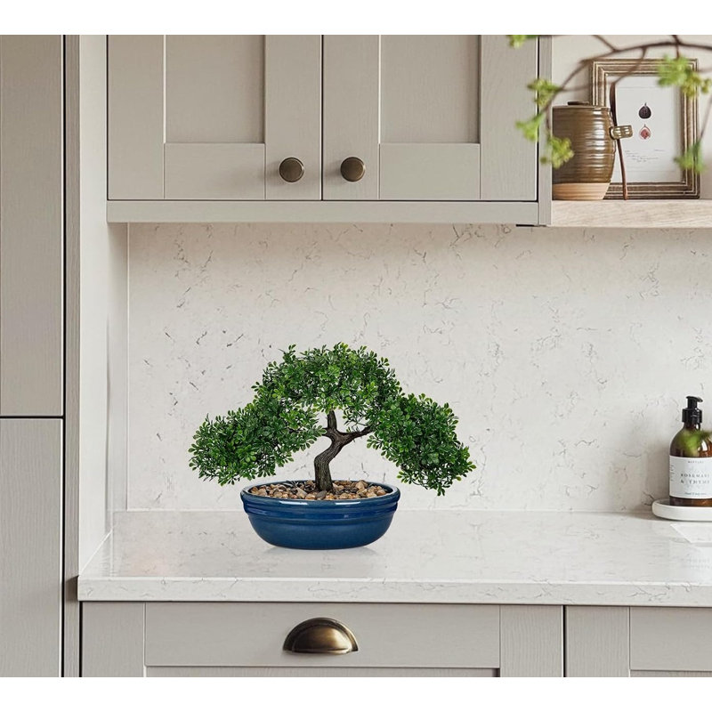 Bonsaï artificiel avec pot en céramique bleue, plante artificielle décorative à poser sur une table d'intérieur