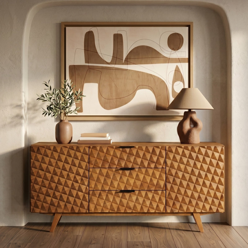 Buffet 71 po en bois massif avec portes géométriques sculptées en 3D, 2 portes, 3 tiroirs, tablettes réglables, design Mid-Century moderne, assemblage facile, chêne rustique