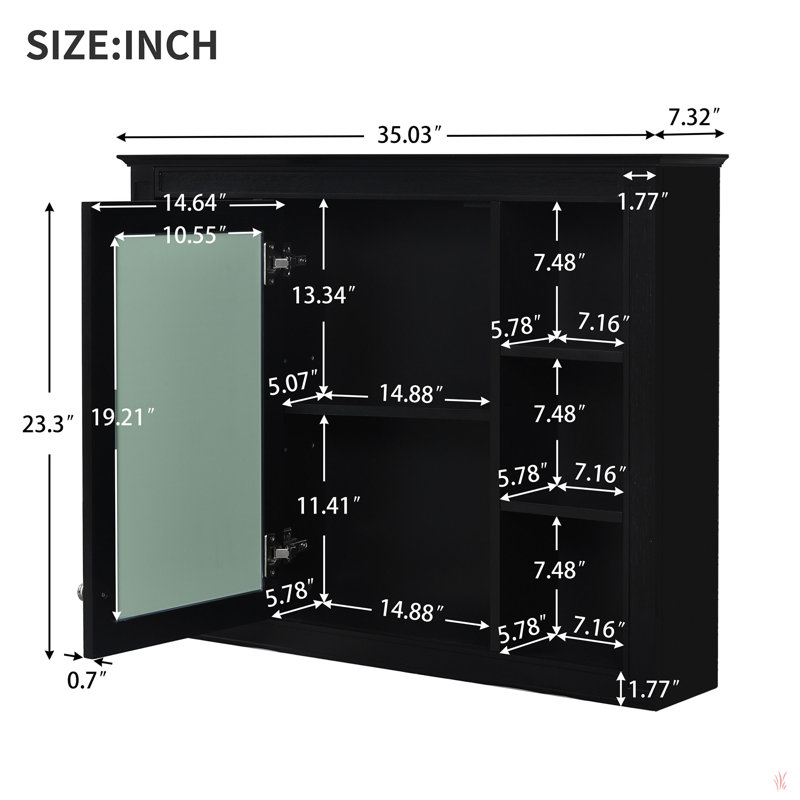 Armoire à pharmacie murale moderne avec miroir et 6 tablettes ouvertes Modern, Noir
