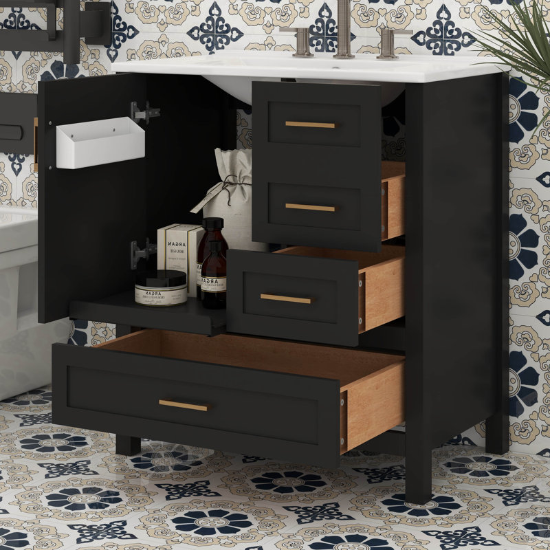 Ensemble de meuble-lavabo 30 po avec lavabo, meuble de rangement pour salle de bain avec porte à fermeture douce, 3 tiroirs et plateau amovible