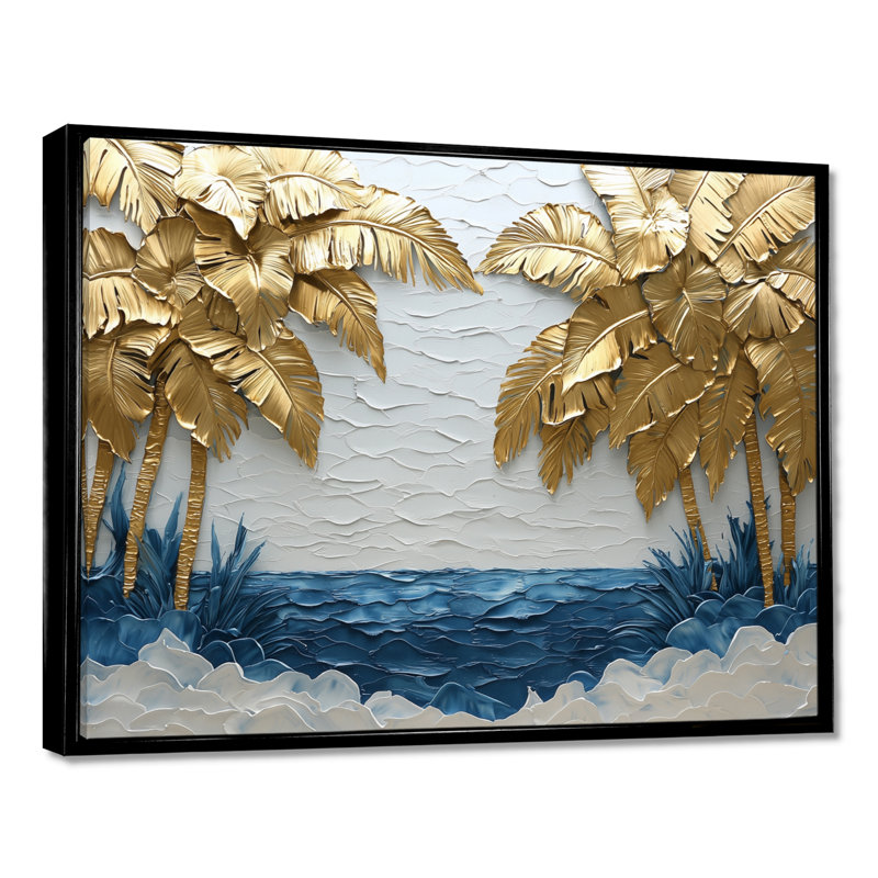 Corneshia, aqua doré sur la plage II - palmiers et palmiers, art mural sur toile, H 30 po x l 40 po, Noir, noir, noir, noir