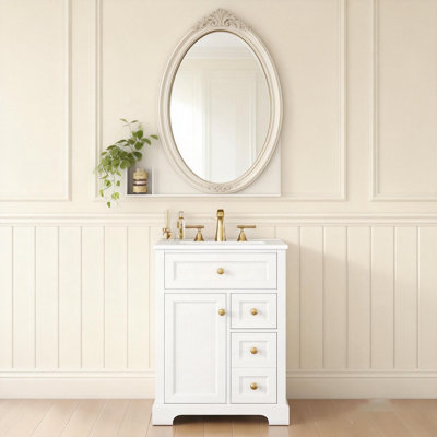 Meuble-lavabo blanc 24 po avec lavabo, panneau de fibres à densité moyenne et fabrication en bois de pin, 3 tiroirs et armoire, mécanisme de fermeture en douceur, conception moderne pour les petites et moyennes salles de bain