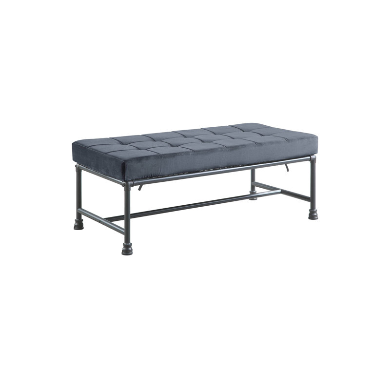 Banc d'appoint de style industriel avec structure métallique en forme de tuyau d'eau (122 cm), recouvert de velours gris et de mousse à mémoire de forme
