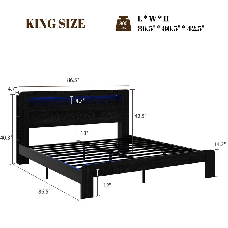 Farmhouse Wooden Bed Frame with Storage Headboard, Platform Bed with Charging Station & LED Light, Black, King