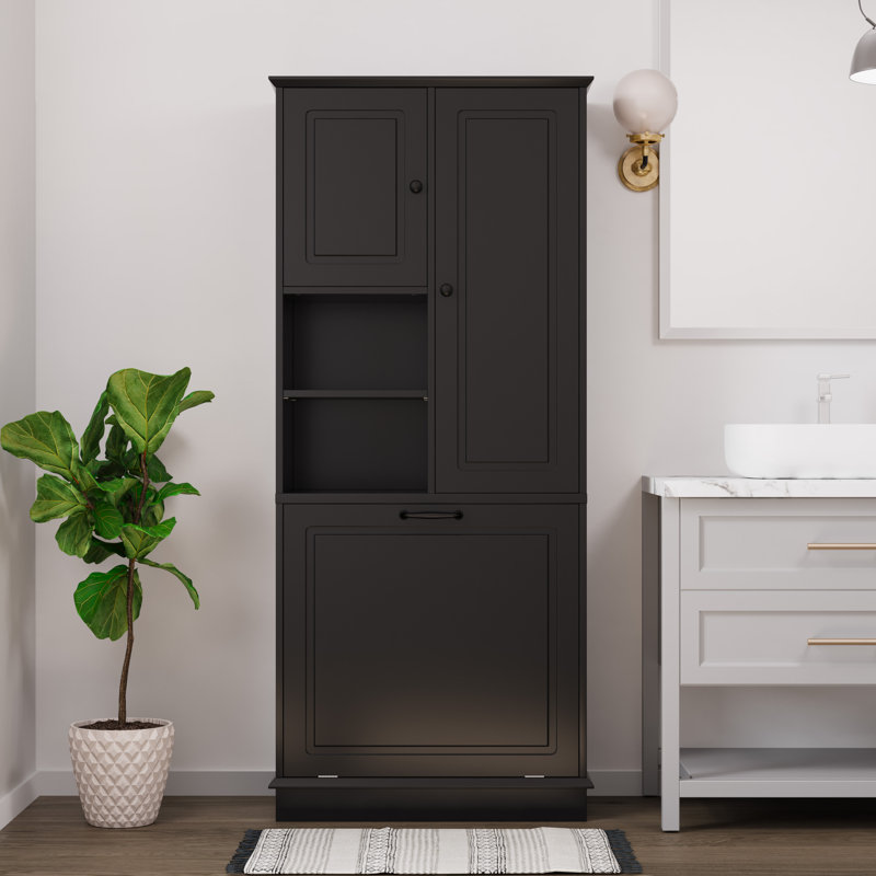 67.7" Tall Storage Cabinet With Adjustable Shelves And  Laundry Basket, Black