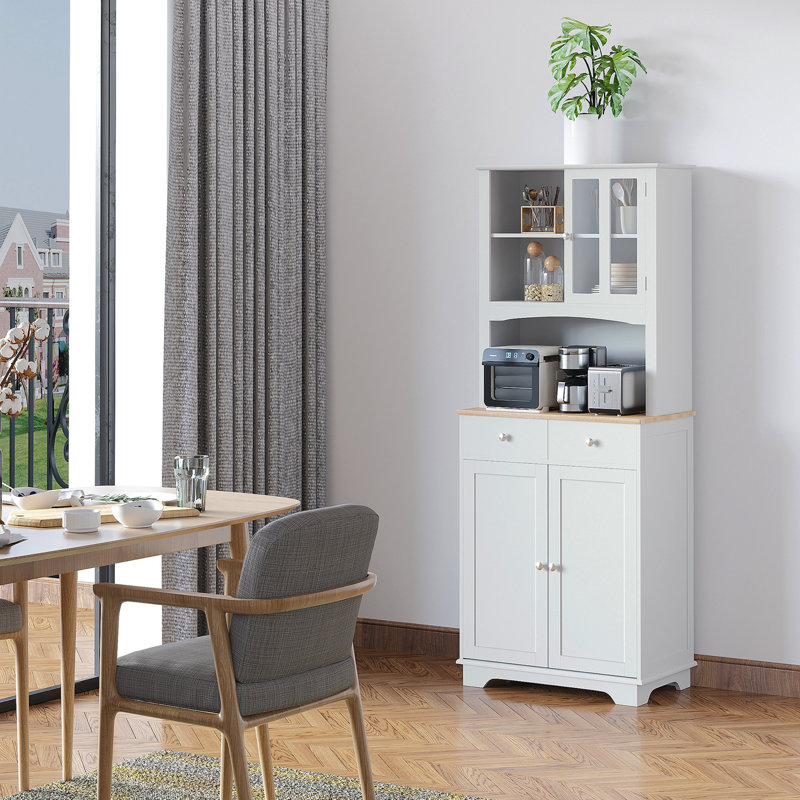 HOMCOM Freestanding 67" Kitchen Buffet With Hutch, Pantry Cabinet With Microwave Stand, Adjustable Shelf, 2 Drawers, Cupboard, White