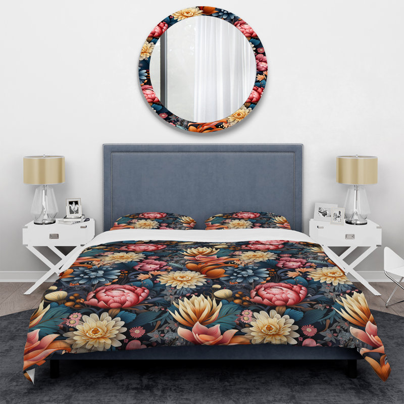 Ensemble de housse de couette éclectique à motif floral kaléidoscope rose et bleu éclectique