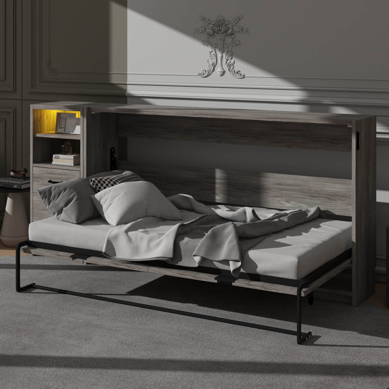 Murphy Bed Equipped With Built-In Drawers And LED Lighting System, Twin