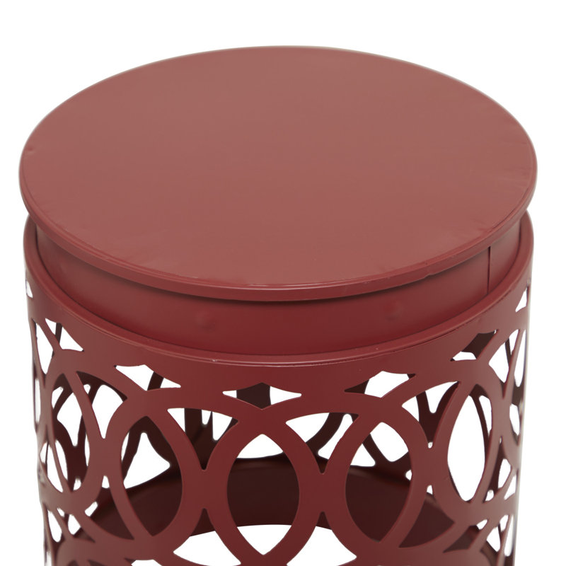 Metal Indoor Outdoor Nesting Side End Accent Table with Carved Trellis Design, Blue/White/Red