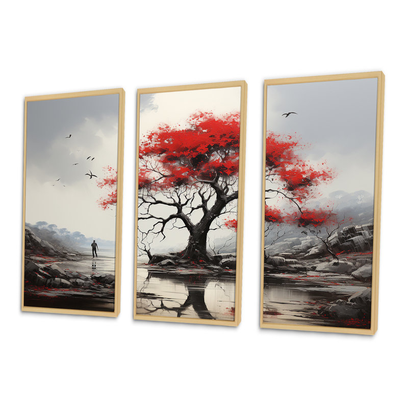 «Red Baobab Tree Landscape I» - ensemble de salon mural art baobab rouge, H 28 po x l 36 po x P 1 po, Cadre naturel flottant