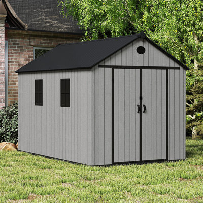 Gray wood-grain pointed-roof plastic tool shed